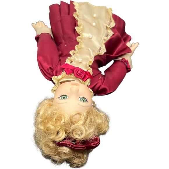 Porcelain Girl Doll in Burgundy Victorian Dress with Blonde Curls - Picture 5 of 11